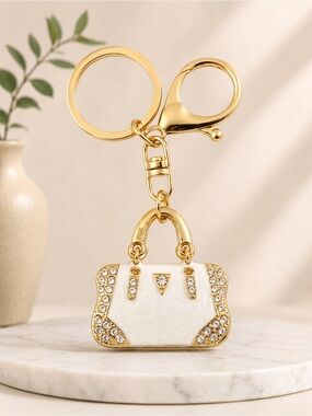 Gold and White Purse Keychain with Rhinestones New